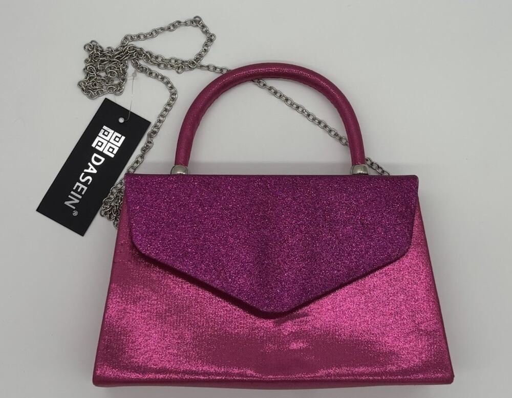 Dasein Women’s Pink Glitter Top Handle Clutch, Silver Chain, Detachable, Lined